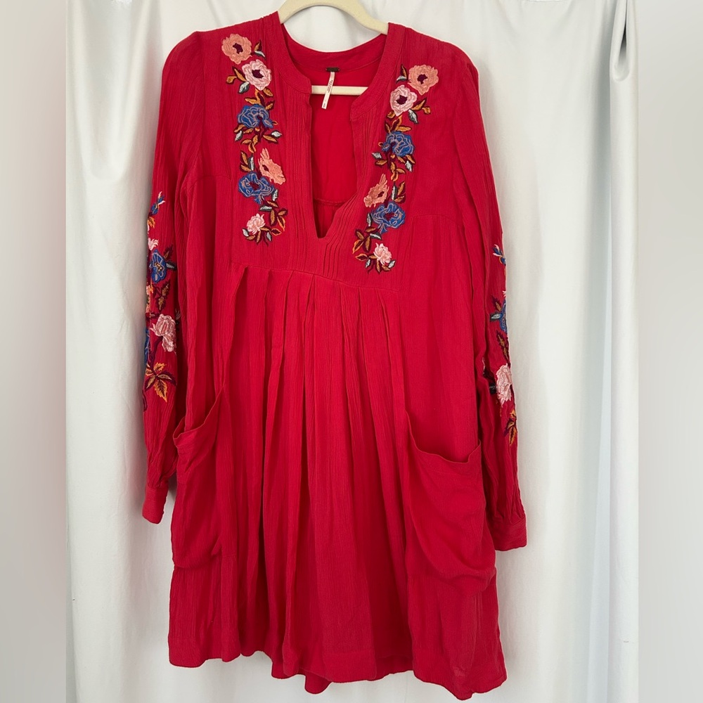Free People Mia Red Floral Embroidered Dress
